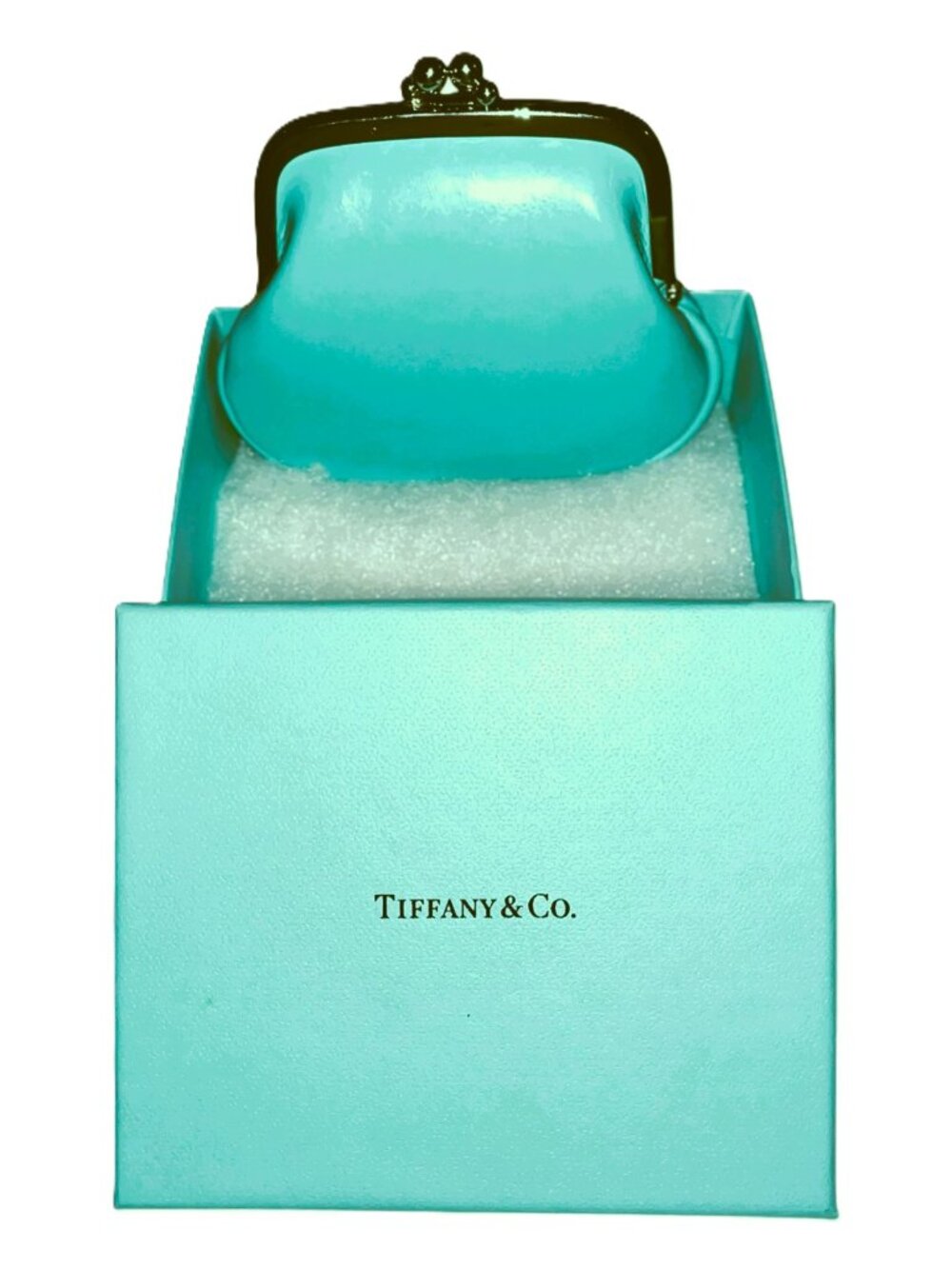 Vintage Tiffany Blue/Green Patent Leather Kiss Lock Coin Purse, New With Box